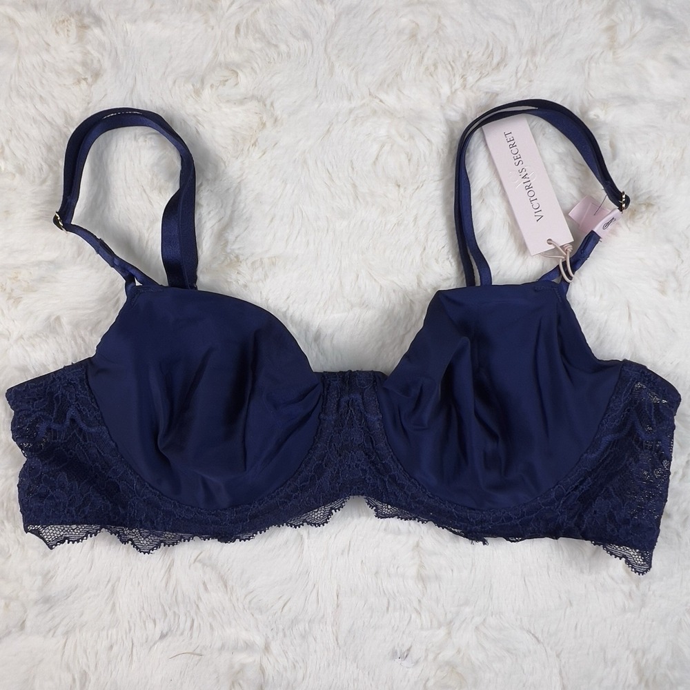 Victoria's Secret Dream Angels Unlined Smooth Lace Balconette Bra Blue 34C NWT